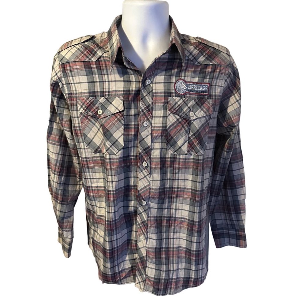 American Heritage blue red gray plaid button front size XL shirt